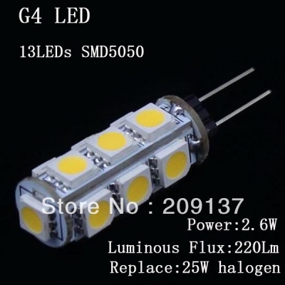 100pcs/lot new arrival g4 light 2.6w 13 smd 5050 led bulb replace 25w halogen lamp 360 beam angle dc 12v lighting