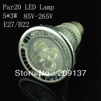20pcs/lot par20 led lamp e27 dimmable 5x3w 15w spotlight led light led bulbs 85v-265v energy saving