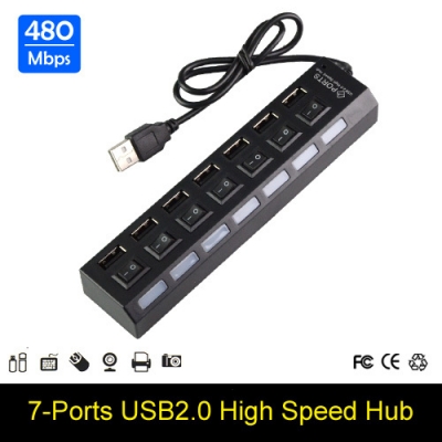 480mbps high speed black 7 ports usb 2.0 hub with on / off switch 55cm cable for laptop pc computer peripherals accessories