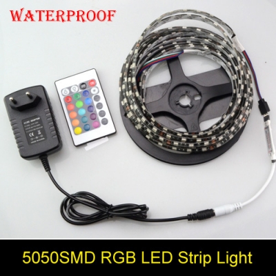 black pcb 5050 rgb led strip waterproof 300 led flexible strip light led tape + 24 key ir controller + 12v 3a power supply kit [5050-smd-series-843]