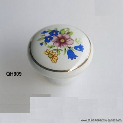 qh909 single hole 1pc blue flowers ceramic cupboard knob drawer wardrobe pulls handles