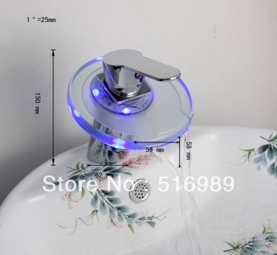 round basin faucets led light bathroom waterfall chrome brass deck mounted 3 color led grass3001
