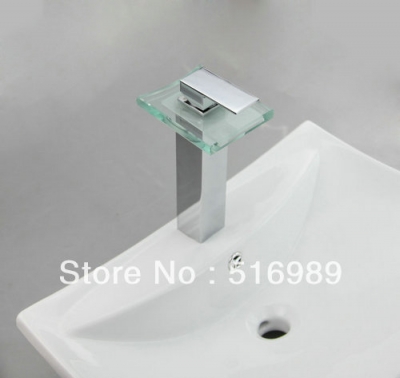 tall glass deck mount single handle waterfall spout bathroom sink wash basin mix tap faucet d-024