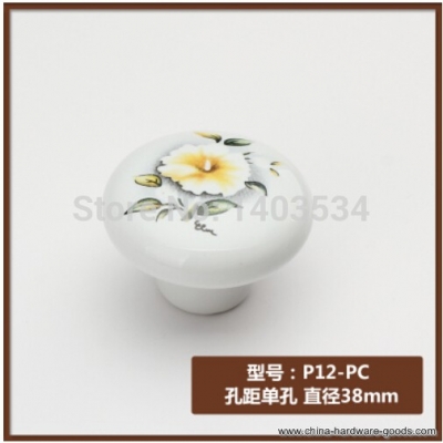 10cs dia.38mm h:27mm ceramic modern knob cabinet knob drawer pulls yellow camellia flower print [Door knobs|pulls-613]