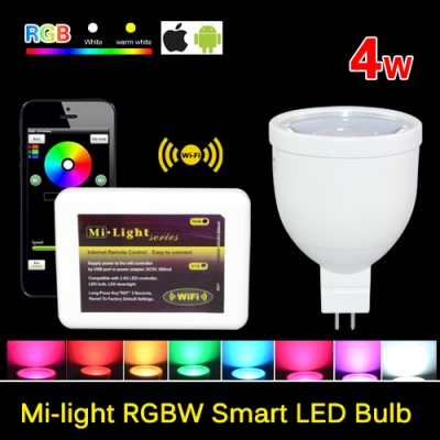 2015 dimmable mi light mr16 4w led lamp light rgbw lamp bulb strip + wireless wifi led remote controller for iphone for android
