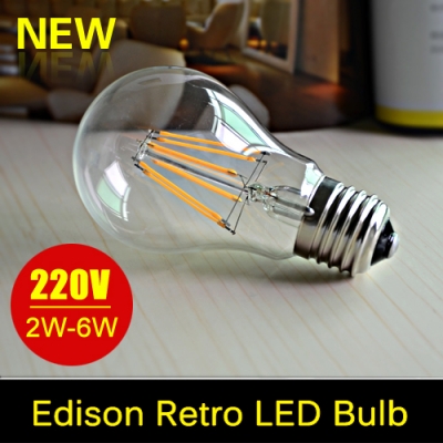 2015 new e27 led lamps 220v 2w 4w 6w retro filament light glass housing blub warm white high brightness 360 degree cob lighting