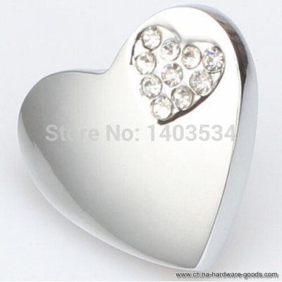 5pcs heart shape chrome finish zinc alloy crystal furniture cabinet drawer single hole knobs