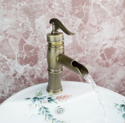 luxury antique brass bathroom basin sink waterfall mixer tall tap faucet antique jade tree309
