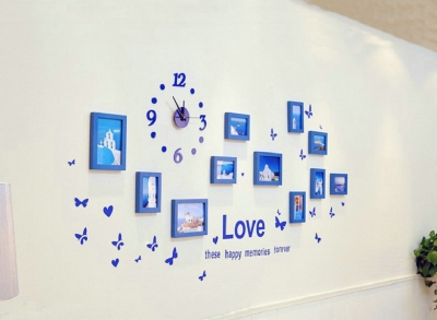 11pcs clock blue decor wood picture pos creative combination wall mounted po frame [photo-frames-7949]