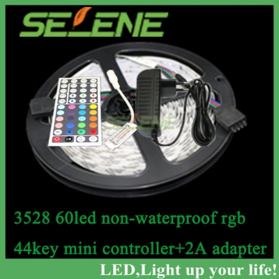 5m rgb non-waterproof led strip 3528 smd dc12v 5m 300led + 44key mini rgb led controller + 2a power adapter