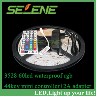 5m rgb waterproof led strip 3528 smd dc12v 5m 300led + 44key mini rgb led controller + 2a power adapter