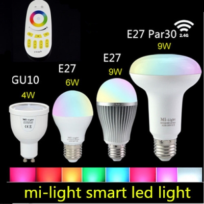85-265v mi light 2.4g wireless e27 gu10 par30 rgbw rgbww led lamp bulb 4w/6w/9w led light dimmable bulb lamp + mi.light control