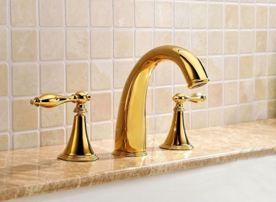 basin faucet solid brass chrome finished 3 pcs gold faucet set 2 handles sink basin faucet, basin tap bf022-g [basin-faucet-10]