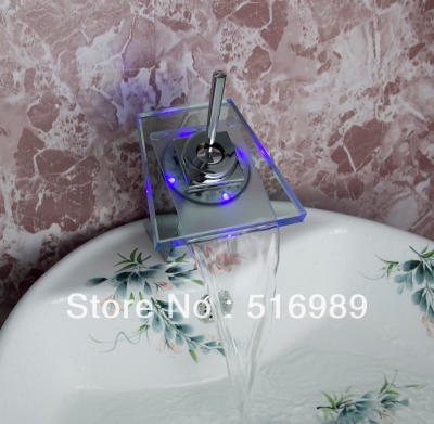 glass waterfall spout led colorful light faucet battery polished chrome single handle mixer brass tap tree476