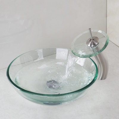 round nickel brushed waterfall faucet +victory glass bowl,bathroom sink,wash basin tempered glass bathroom sink set 40128226n