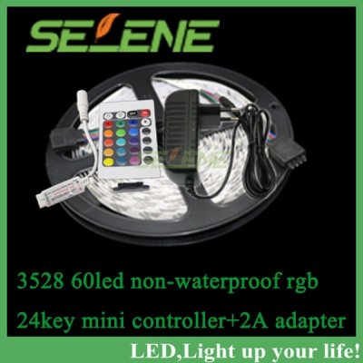 5m rgb led strip 3528 non-waterproof 60led dc12v led strip light 300 leds+24keys mini remote controller +2a adapter power supply