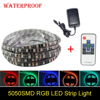 black pcb board 5m/roll 5050 waterproof rgb led strip light led ribbon tape + 10 key rf controller + dc 12v 3a power supply [5050-smd-series-845]