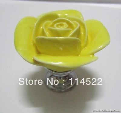 hand made ceramic yellow rose knob with silver chrome base flower knob cabinet pull kitchen cupboard knob kids drawer knob mg-16