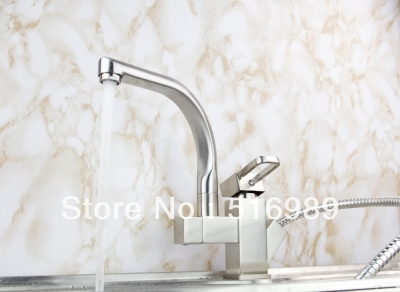 nickel brushed two water flow 360 degree swivel kitchen tap faucet pull out basin mixer chrome polished brass tree4