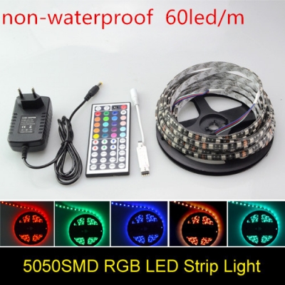 2015 full new black pcb 5m rgb 5050 smd non-waterproof 300 led strip light led tape + 44 key remote controller + 12v 3a power