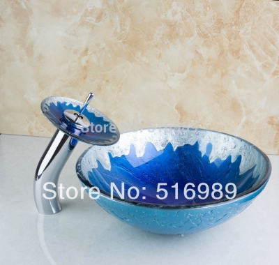 good quality blue and white model chrome faucet bathroom basin faucets with drainer glass lavatory basin set