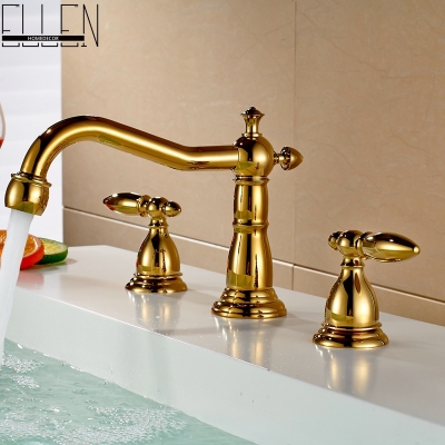 deck mounted gold finish faucet double handle three hole washbasin faucets cold and water tap mixer