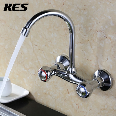 kes l606b double handles brass kitchen or laundry faucet with swivel spout aerator wall mount, polished chrome