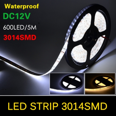 waterproof 5m smd 3014 led strip 600leds/5m flexible dc 12v light , chip more smaller than 5730 / 5050 smd, white, warm white