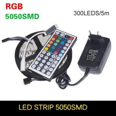 5m rgb led strip 5050 smd 60led/m flexible non-waterproof led tape + 44key remote + 12v 2a power adapter for home decoration