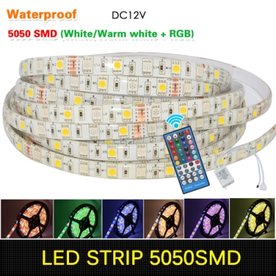 waterproof ip65 smd 5050 rgbw led flexible strip light dc 12v rgb + white / warm white, 60leds / m + 40key ir remote controller