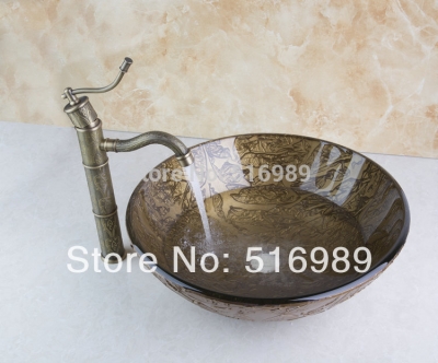 classic antique brass faucet bathroom basin faucet with drainer glass lavatory basin set [glass-lavatory-basin-faucet-set-3723]