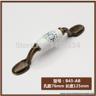 10pcs 76mm zinc alloy antique brass handle cabinet ceramic handle drawer pulls blue flower print