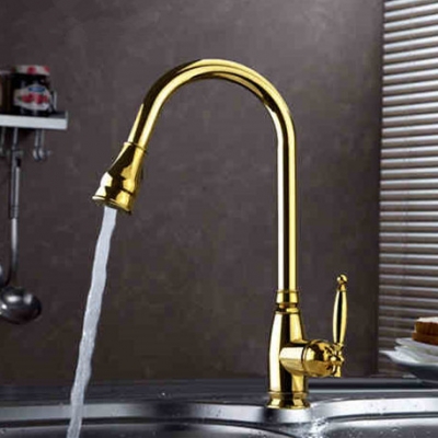 2015 new arrival brass golden plating swivel sink mixer tap pull-out spray kitchen faucet