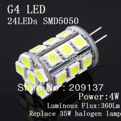 10pcs/lot dc 12v g4 led bulb 4w 360-lumen smd 5050 24led warm white light bulb 3500k