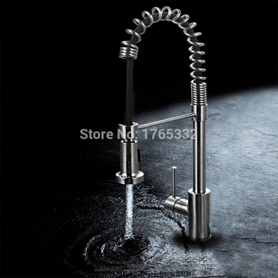 304 stainless steel pull out brushed kitchen faucet delicate sus spring sink mixer tap with dual-jet spray