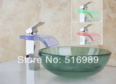 beautiful colorful led chrome tap real estate green round basin bathroom basin faucet with drainer glass lavatory basin set