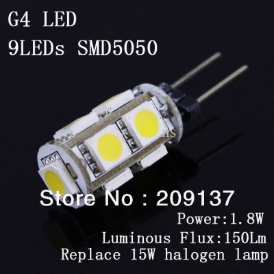 100pcs/lot g4 light 1.8w 9 smd5050 led bulb replace 20w halogen lamp 360 beam angle dc 12v lighting