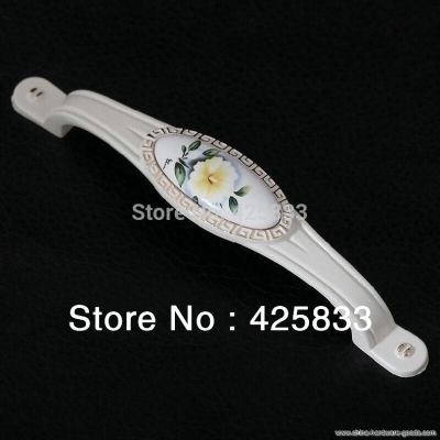 6pcs 128mm zinc alloy ceramic ivory cabinet camellia flower drawer knobs european door white