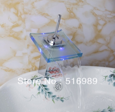 /cold water brass&glass led waterfall bathroom brass basin sink faucet mixer tap chrome 3 colors tree430