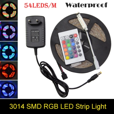 dc 12v 3014 smd rgb led strip 5m/roll led flexible light 54led/m waterproof led tape lamp 24key ir controller 2a power adapter