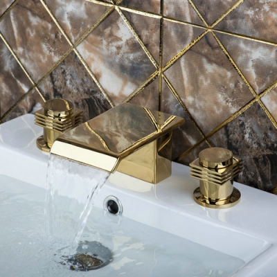 hello deck mounted double handles waterfall 3 pieces golden k1z shower bathroom basin sink bathtub torneira tap mixer faucet
