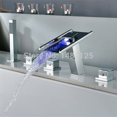 no need battery water powered luxurious chrome finish waterfall 5pcs led tub faucet five hole bath shower mixer set