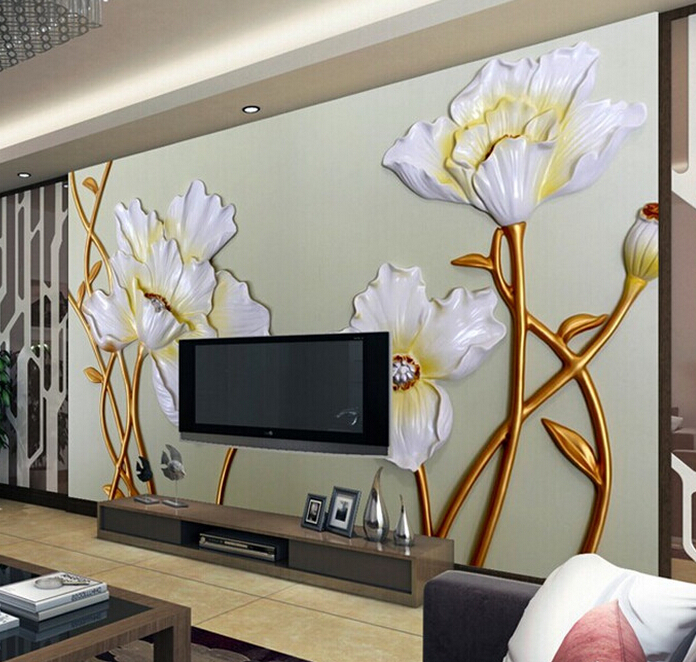 custom any size 3d wall mural wallpaper, 2015 new modern fashion lotus relief wallpaper 3d flowers wall murals for living room