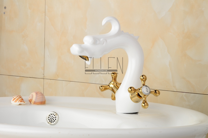 bathroom dragon faucet copper white painted antique brass and gold finish water tap dual cross or crystal handle - Click Image to Close