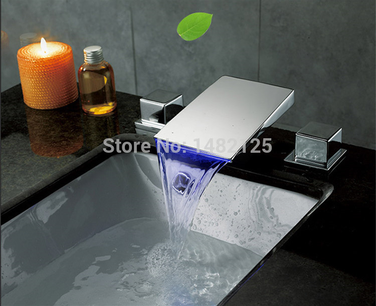 2015 new arrival patent design brass chrome 8 inch widespread waterfall led bathroom faucet