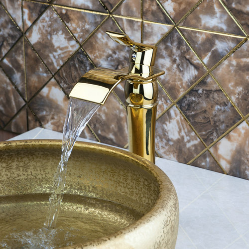 luxury waterafall tall spout basin torneira golden bathroom bath lavatory deck mounted 97135 single handle sink tap mixer faucet