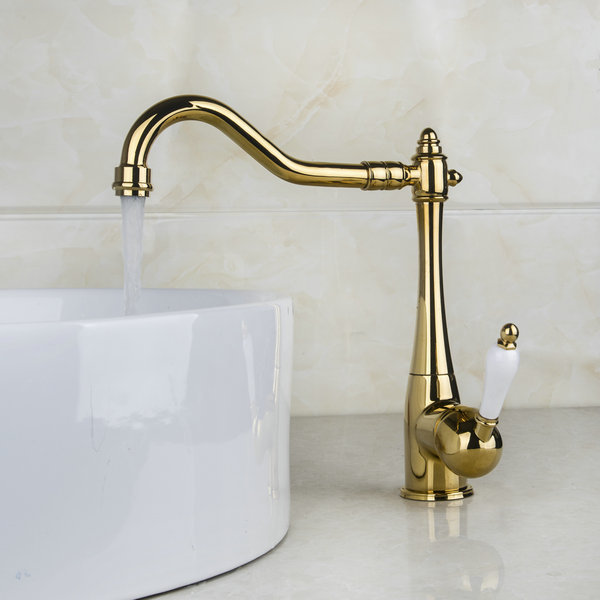 swivel spout sink faucet polished golden finished modern design ceramic single handle solid brass bathroom faucet dv-9837