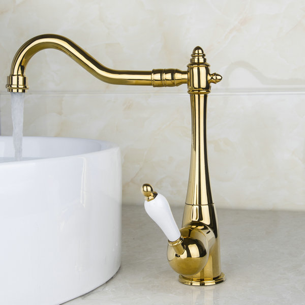 swivel spout sink faucet polished golden finished modern design ceramic single handle solid brass bathroom faucet dv-9837