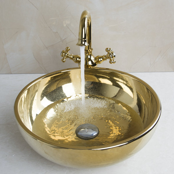 polished golden bowl sinks / vessel basins with waterfall faucet washbasin ceramic basin sink & faucet tap set 46029834