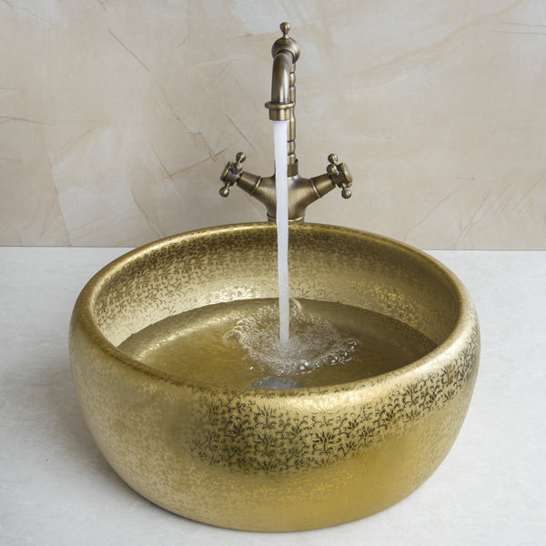 round paint golden bowl sinks / vessel basins with washbasin ceramic basin sink & antique brass faucet tap set 46048631